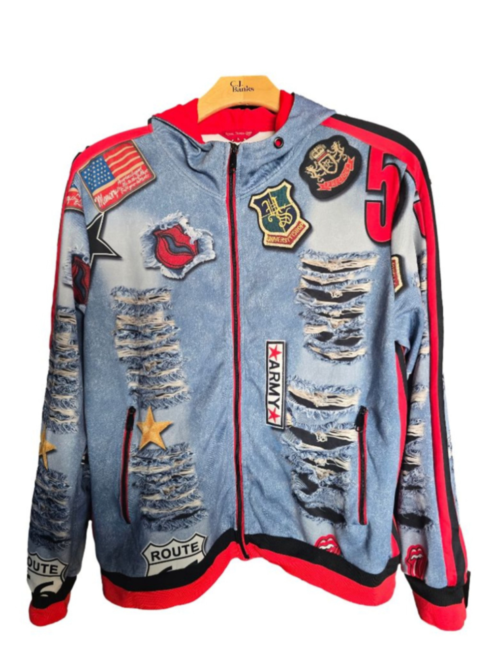 Men Royal 7even-RS7 Hoodie XL Blue Red Faux patches & tears